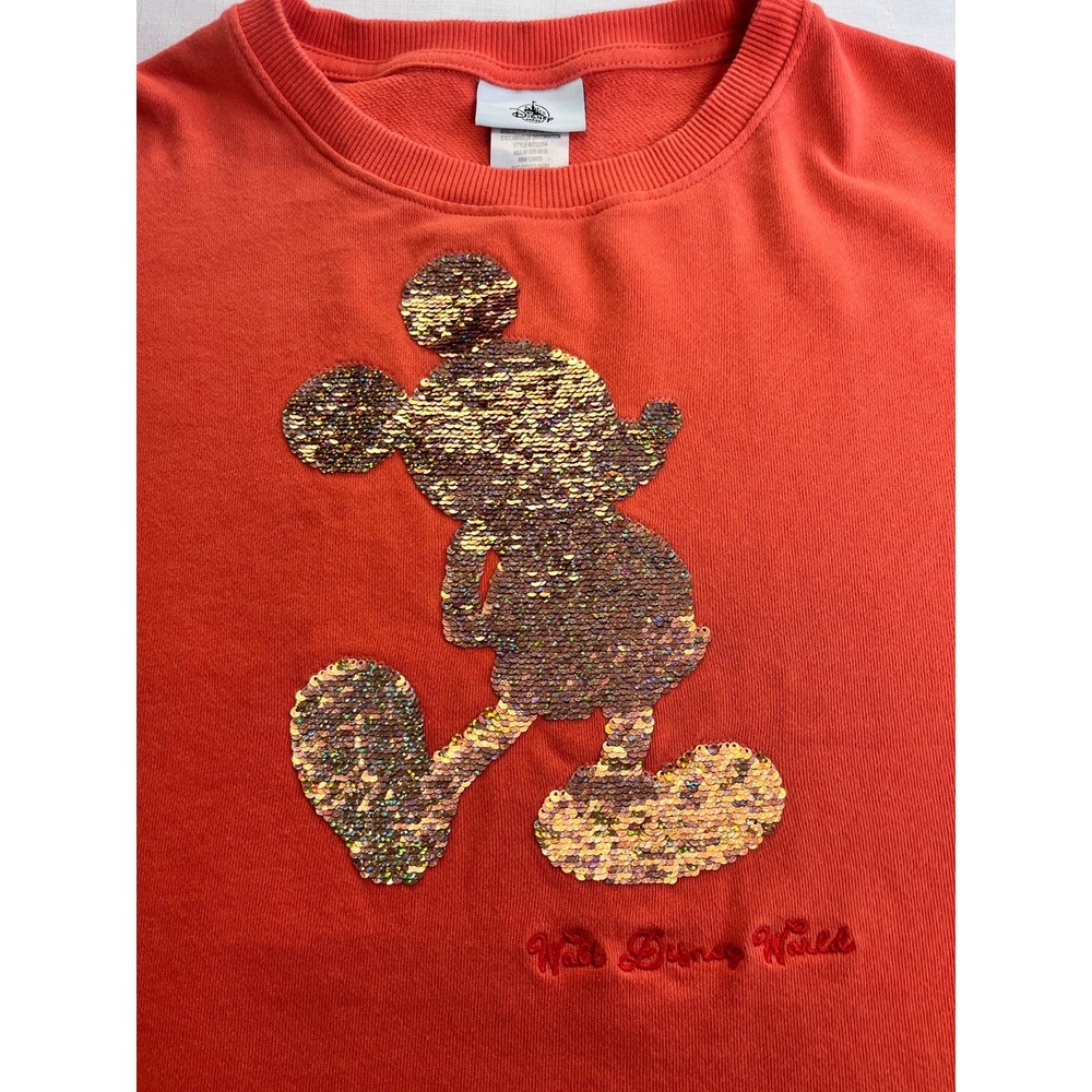Disney Park Mickey Mouse Sweatshirt Womens sz M Coral/Orange Gold Sequin Glitzy - Picture 2 of 14